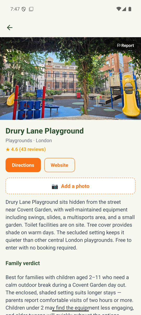Family Action app — venue detail with directions, website and call