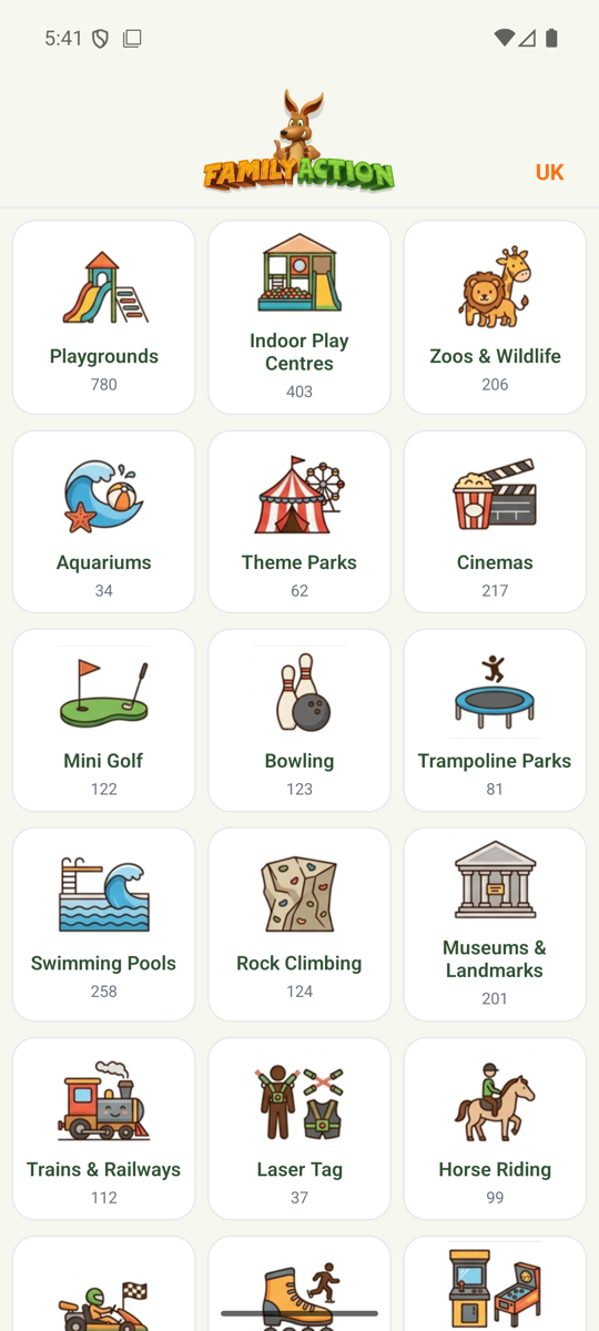 Family Action app — the category grid of things to do