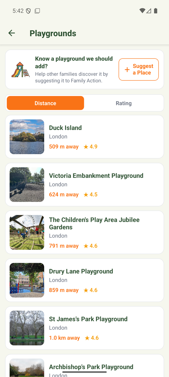 Family Action app — venues near you, sorted by distance